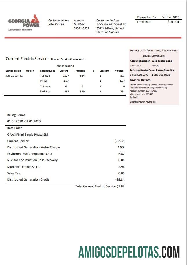 imprimível Modelo de conta de serviços públicos de energia da Geórgia nos EUA em formato Word e PDF, totalmente editável